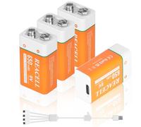 REACELL 9V Pilas Recargable 650mAh Lithium 9v bateria con 4 en 1 USB-C Cable, 9 Volt Baterías para Detectores de Humo, Guitarras Eléctricas, Micrófonos, Walkie-talkies y más (4 Piezas)