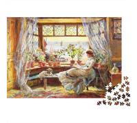 Reading Girl Puzzle for Adultoos 1000P Recyclable Oil Painting Puzzles Interesting Juego Familiar Props Divertido Present for Holiday Blessings Gift 52x38cm/1000Ps