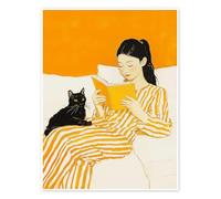 Reading session with cat in yellow Póster de Frank Daske 30 x 40 cm Amarillo Cuadros Decoración para la pared
