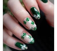 Ready Presses on Nails - 24 uñas verdes con purpurina y tréboles de color para celebraciones, añadiendo encanto y fortunas, uñas de varios tamaños