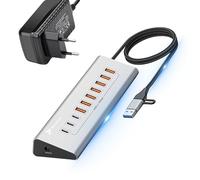 REAGLE Concentrador de 10 puertos, USB 3.2 con cable de 100 cm para escritorio, 10 en 1, 7 puertos USB-A y 3 x USB-C, 36 W, Plug and Play, aluminio USB distribuidor 10 Gbps, para PC, portátil, MacBook