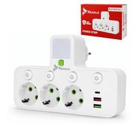 Reagle Enchufe Múltiple de Pared 3 Tomas 230V con 3 USB, 2X USB-A 1x USB-C, Luz Nocturna LED, Interruptores Individuales Iluminados, 2500W, Blanco