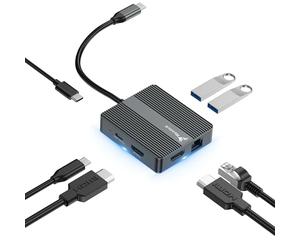 Reagle HUB USB-C 7 en 1 2 x HDMI 4K 60 Hz PD 100 W SB-C 3.2 Gen2 10Gbps LAN RJ45 1000Mbps Adaptador Plug & Play Video Duplicación, Modo Avanzado