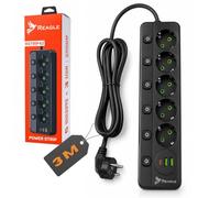 Reagle Multipresa 5 Prese 230V, 2X USB-A, 1x USB C 2500W Interruptor Iluminado Proteccion Sobretension Estación de Carga Inteligente 2500W, Enchufe Múltiple de Carga con Cable 3M