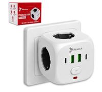 Reagle Regleta Enchufe Cubo Sin Cable 3 Tomas 230V, Base Múltiple con USB 2X USB A 2X USB C, Interruptor ON Off, 2500W, Protección contra Sobrecarga, para Casa Oficina Viajes, Blanco
