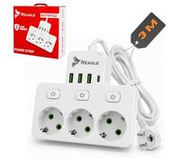 Reagle Regleta Enchufes 3 Tomas 230V 4 USB 3X USB A 1x USB C Alargador 3m con Interruptores Independientes 2500W Protección Sobrecarga Blanca para Casa Oficina Home Office