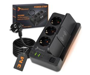 REAGLE Regleta Enchufes con 3 Toma 230V, 4 Puertos USB, con Cargador Inalámbrico Inductivo Proteccion Sobretension Estación de Carga Inteligente 2500W, Alargadora con Cable 3m