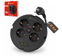 Reagle Regleta Enchufes con USB C 4 Tomas, Base Múltiple Redonda 2X USB A 2X USB C, Cable 2m, Interruptor, 2500W, Enchufe Múltiple para Escritorio Oficina Casa, Negro