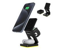 Reagle Station de Charge Sans Fil 3en1 Pliable 15 W, Chargeur Magnétique Qi Certifié, Veilleuse LED 3 Niveaux, USB-C, Compatible Smartphone, Montre Connectée et Écouteurs, Noir