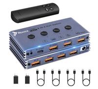 Reagle Switch USB 3.2 4 Ordenadores 4 Dispositivos, Conmutador USB 4x4 10Gbps con Mando, para Teclado Ratón Impresora Disco Duro, Plug and Play, Alimentador, Aluminio, Gris