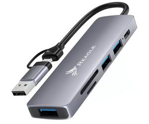 REAGLE USB 3.2 GEN 1 6-in-1 Active Hub Adapter zwei Stecker USB-A und USB-C von 5 Gbps 3 USB-A Anschlüsse SD und Micro SD Kartenleser kompatibel mit Desktop Laptop Telefon