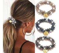 Reaky Cintas elásticas para el pelo con diamantes de imitación, coleteros para el pelo con cristales grises, 3 bandas elásticas para el cabello, accesorios para el cabello para mujer