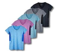 Paquete de 5 Camisetas Deportivas de Manga Corta con Cuello en V para Mujer, Ajuste seco, Absorbe la Humedad, para Yoga, (Disponible en Tallas Grandes), Set 4, L