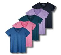 Paquete de 5 Camisetas Deportivas de Manga Corta con Cuello en V para Mujer, Ajuste seco, Absorbe la Humedad, para Yoga, (Disponible en Tallas Grandes), Set 7, XXL