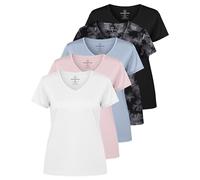 Real Essentials - Pack de 5 Camisetas Deportivas de Manga Corta con Cuello de Pico para Mujer, Camiseta de Yoga Que Absorbe la Humedad (Disponible en Tallas Grandes), Juego de 16, Large