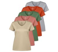 Real Essentials - Pack de 5 camisetas deportivas de manga corta con cuello de pico para mujer, camiseta de yoga que absorbe la humedad (disponible en tallas grandes), Conjunto 12, Large