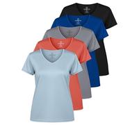 Real Essentials - Pack de 5 Camisetas Deportivas de Manga Corta con Cuello de Pico para Mujer, Camiseta de Yoga Que Absorbe la Humedad (Disponible en Tallas Grandes), Juego 10, Large