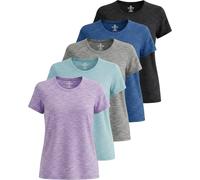 Real Essentials Paquete de 5: Camiseta Deportiva de Manga Corta elástica de Manga Corta y Cuello Redondo para Mujer (Disponible en Tallas Grandes), Conjunto 1, M
