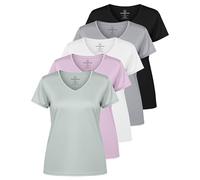 Real Essentials - Paquete de 5 camisetas deportivas de manga corta con cuello de pico para mujer, camiseta de yoga que absorbe la humedad (disponible en tallas grandes), set 9, XXL