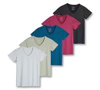 Real Essentials - Paquete de 5 camisetas deportivas de manga corta con cuello en V para mujer, camiseta de yoga que absorbe la humedad (disponible en tallas grandes), Juego 13, XXL