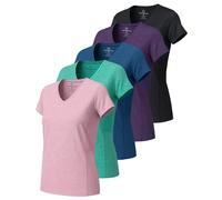 Real Essentials Womens V Neck T-Shirt Ladies Yoga Top Athletic Tees Active Wear Gym Workout Zumba Exercise Running Essentials Quick Dry Fit Dri Fit Moisture Wicking Basic Clothes, Set 15, M, Pack of 5