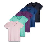 Real Essentials Womens V Neck T-Shirt Ladies Yoga Top Athletic Tees Active Wear Gym Workout Zumba Exercise Running Essentials Quick Dry Fit Dri Fit Moisture Wicking Basic Clothes, Set 15, S, Pack of 5