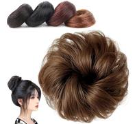 Real Hair Bun Wig, Messy Bun Hair Piece, Multi-Color Ponytail Extension with Elastic Rubber Band, Hairpieces Accessories for Women (Light brown,Curly hair bun)