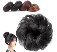 Real Hair Bun Wig, Messy Bun Hair Piece, Multi-Color Ponytail Extension with Elastic Rubber Band, Hairpieces Accessories for Women (Natural black,Curly hair bun)