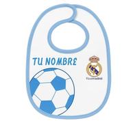 Real Madrid - Babero personalizable para bebé entre 0 y 1 año | Diseño exclusivo oficial | Nombre y número personalizados | Ideal para regalo madridista (Bebé, Blanco y Azul, Talla única)