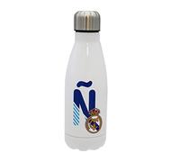 Real Madrid - Botella Agua de Acero Inoxidable, Cierre Hermético, con Diseño Letra Ñ en Azul, 550 ml, Color Blanco, Producto Oficial