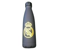 Real Madrid Botellas de aluminio 500ml / 600ml | Oficial con licencia | Diseño deportivo blanco y negro con tapa antifugas (NEGRA CON ORO RUBBERIZADA, 500 ML)