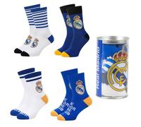 Real Madrid Calcetines Niños, Set de 4 Calcetines de Algodon y Hucha de Regalo, Talla EU 31/34