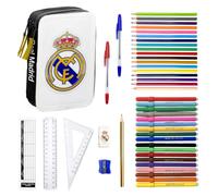 Real Madrid Estuche para Niños, Juego de Papelería Incluye Lapiz Boligrafos Borrador Escuadra Regla Sacapuntas Horario Lapices y Rotuladores de Colores, Regalo para Niños