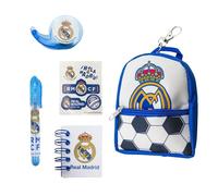 Real Madrid Juego de Papelería Mini, Incluye 1 Boligrafo Mini, Llavero Mochila Mini, Cuaderno Mini, Pegatinas y Cinta Washi Mini, Regalo Set de Papeleria para Niños