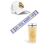 Real Madrid Pack gorra, bufanda y termo oficial; combinación ideal para mostrar tu pasión madridista con estilo y funcionalidad.