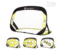 Real Madrid portería fútbol infantil pop-up 4 en 1, con paneles de dianas, tamaño 120x80x80 cm, incluye bolsa de transporte, ideal para jardín o parque, desde 3 años