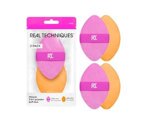 Real Techniques Esponja en polvo 2 en 1 Miracle, doble cara, tamaño completo, banda elástica reversible, 2 unidades
