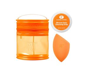 Real Techniques Miracle Blend + Cleanse 3 Piece Set, Makeup Sponge For Blending Foundation & Solid Soap For Deep Cleaning Sponges, Includes Travel Storage Tote, Cruelty-Free, & Latex-Free