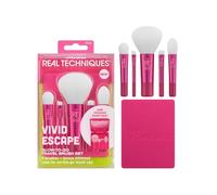 Real Techniques Vivid Escape Glow-To-Go - Juego de 6 brochas de maquillaje de viaje para sombra de ojos, corrector, contorno y colorete, incluye estuche de espejo para cosméticos, libre de crueldad