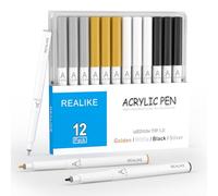 REALIKE Rotuladores acrílicos para tela, piedra, madera, lienzo, papel, piedra, cerámica, vidrio y accesorios de arte de 1,0 mm, puntas medianas, dorado, plateado y blanco