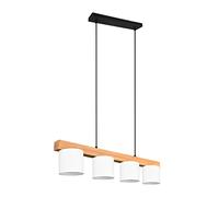 Reality Leuchten Lámpara colgante Cameron R30654001, metal negro mate, pantalla de tela blanca, madera, exclusiva 4 x E14