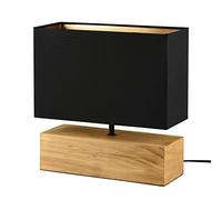 Reality Leuchten R50181080 Woody - Lámpara de mesa (metal negro mate, pie de madera, pantalla de tela negro/dorado, no incluye 1 bombilla E27)