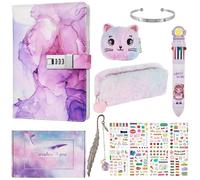 Realjoy Diario Secreto Niñas, Regalos para Niñas de 7 8 9 10 11 12 13 Años, Diario con Candado, Pegatinas, Bolígrafo, Estuche, Pulsera, Marcapáginas, Regalos de Cumpleaños, Material Escolar（Violeta）