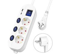 Realmade Regleta de 4 enchufes domésticos con interruptor individual + interruptor principal, protección infantil y protección contra sobrecargas. Toma múltiple con cable (blanco). (USB3M)