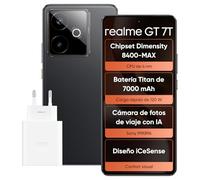 realme GT 7T, Smartphone 5G Dual SIM, 12GB de RAM, 512GB de ROM, Pantalla AMOLED de 6.8", Chipset Dimensity 8400-MAX, Batería Titan de 7000mAh, Cámara de Viaje con IA,IceSense Negro,Adaptador Incluido