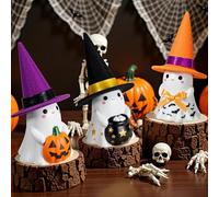 REALOKMAN Halloween Decorations Indoor 3PCS Cute Ceramic Ghost Figurines with Hats Spooky & Sweet Decor Set Ghost Figurines with Hats Adorable Tabletop Decor for Mantel Party Home Porch Decor