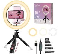 RealPlus Aro de Luz con Trípode, 10" Anillo de Luz para Movil, LED Ringlight, Regalos Originales para Mujer, 3 Colores 10 Brillos Regulables, Profesional, Live Streaming, Tiktok, Vlog, Selfie
