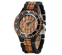 Realpoo Brown Deep Black Ebony Zebra Reloj de madera de cuarzo para hombre, correa de madera con cierre plegable para hombres, QW103-negro marrón