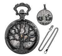 Realpoo Juego de reloj de bolsillo para hombre, diseño de árbol hueco, color negro, con esfera de números arábigos y collar de parche
