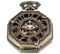 Realpoo Reloj de bolsillo mecánico de esqueleto octágono irregular marrón para hombre, esfera árbica, números romanos, relojes de bolsillo mecánicos con cadena + caja, SWQ-105